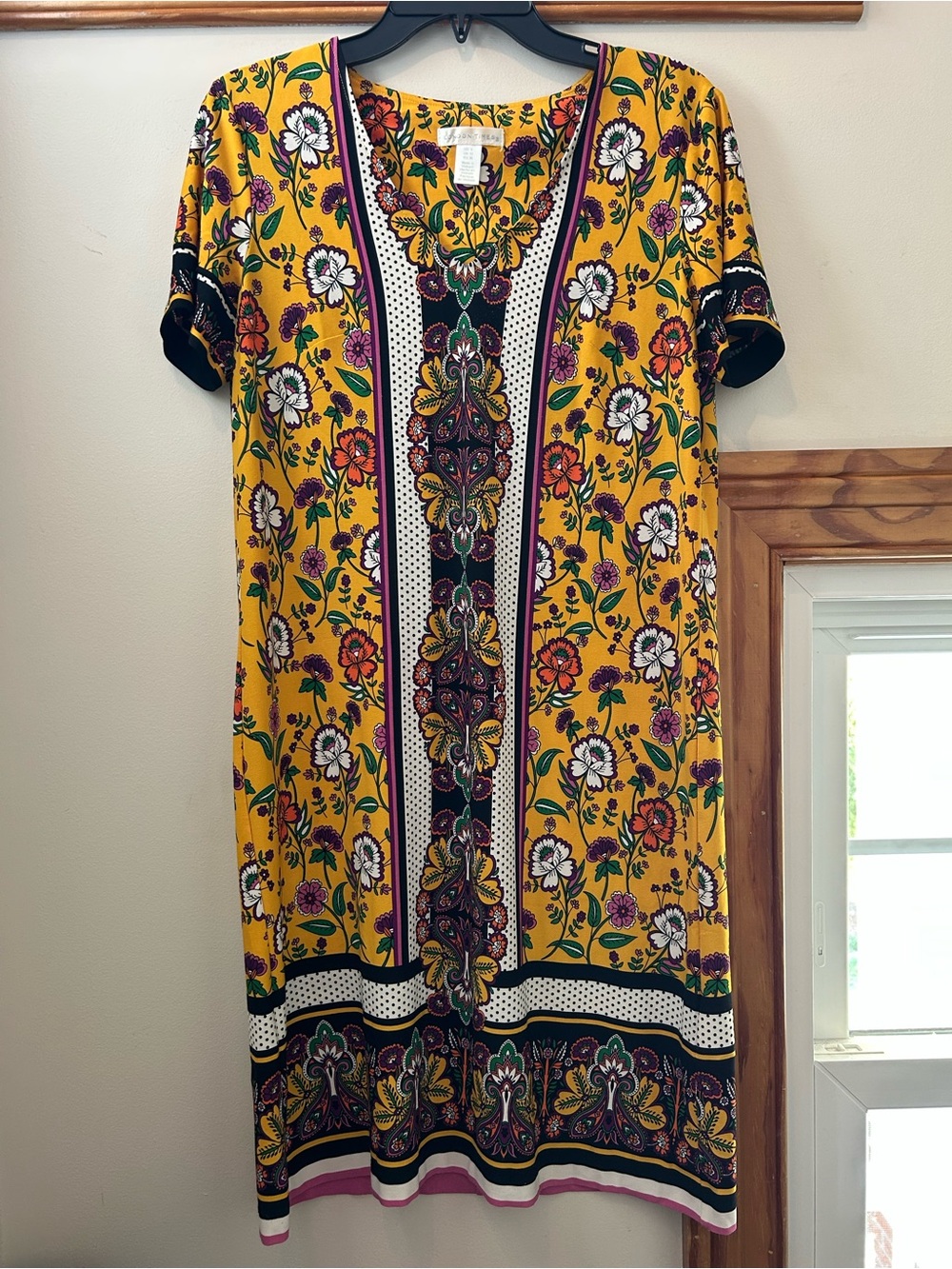 London Times Mustard Floral Border Print Shift Dress